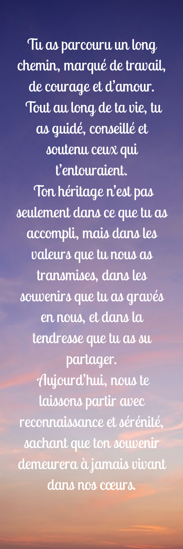 Verso du même signet : texte d'hommage complet sur un ciel de fin de journée aux teintes douces.