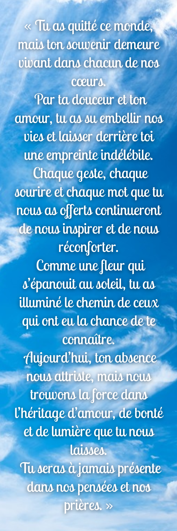 Verso du même signet : texte d'hommage complet sur un ciel bleu parsemé de nuages légers.
